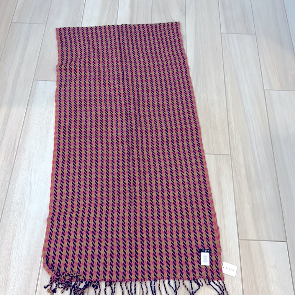 J Crew Scarf or Wrap. One size. NWT. Pink/tan and black. Fringed ends.